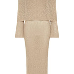 Marisol Ribbed Boucle Material Draped Off Shoulder Stretch Vacation Maxi Dress