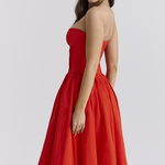 Strapless Corset Pleated Hem Prom Party Midi Dresses-Red