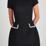 Exquisite and Playful Tweed Fabric Pearl Trim Short Sleeve Pocketed Mini Dress