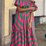 Linen Blend Off Shoulder Ruffle Puff Sleeve Pocketed Midi Dress