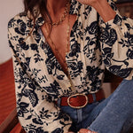 Black Boho Floral Pleated V Neck Lantern Sleeve Shirt