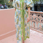Unique Printed Long Sleeve Drawstring Pocket Shirt Midi Dress