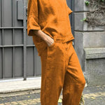 Casual Solid Color Crewneck Top & Pants Cotton Linen Two-piece Set