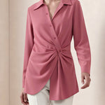 Long Sleeves Wrap Asymmetric Knot Pleated Lapel Blouses&Shirts Tops