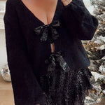 Misty Starlight Tie Front Sequin Bow Loose Sweater