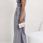 Jordy Ruched Shoulder Slit Top and Elastic Waist Pocketed Wide Leg Pants Set