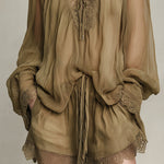 Bohemian Style Chiffon Blouse & Shorts Set With Lace Trim