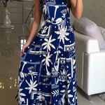 Botanical Print Suspender Tie Back Pleated Holiday Maxi Dress