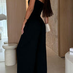 Linen Blend Solid Color Off-the-shoulder Pleated Casual Pocket Wide-leg Jumpsuit