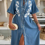 V-neck single-breasted short-sleeved dress