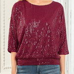 Solid Color Sequined Loose Round Neck Casual Top