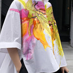Half Sleeves High-Low Buttoned Flower Print Split-Side Stand Collar Blouses&Shirts Tops