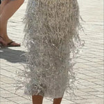 Evening Charm Layered Sequined Tassels High Rise Back Zipper Slit Midi Skirt