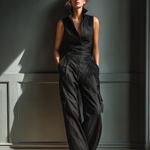 Women's Black Cotton And Linen Blend Sleeveless Collared Jumpsuit With Cargo Pockets