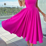 Sweet Cascade Solid Color Off Shoulder Pocket Full Hem Midi Dress