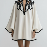 Flared Sleeves Loose Contrast Color Hollow Stand Collar Mini Dresses