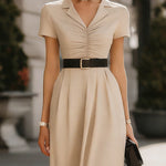 Collared Ruched Waist Midi Dress With Belt