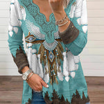 Mexican Past Hippie Ethnic Print Lace Trim Stretch T-shirt