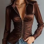 Luxe Mocha Satin Ruched Zip-Up Blouse