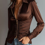 Luxe Mocha Satin Ruched Zip-Up Blouse
