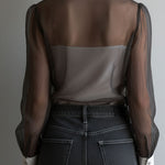 Retro Black Sheer Organza Contrast-Collar Blouse