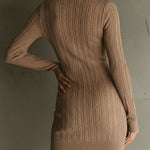 Camel Brown V-neck Half-Zip Cable Knit Sweater Dress