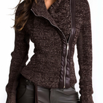Brown Asymmetrical Zip Ribbed Knit Jacket