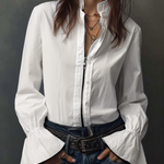 White Zip-Front Blouse With Flounce Cuffs