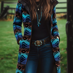 Retro Boho Longline Tribal Print Wool Long  Coat