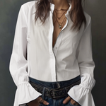 White Zip-Front Blouse With Flounce Cuffs