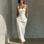 Women's Simple White Cotton And Linen Blend Sleeveless Midi Dress
