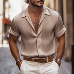 Men's Solid Satin Pleated Lapel Short Sleeve Shirt MTA0317G0Z