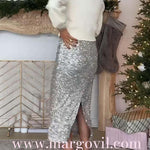 High Waist Shinny Sequin Midi Party Skirt