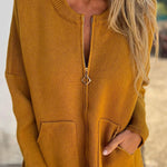 Solid Color Round Neck Long Sleeve Casual Zipper Pocket Knitted Jacket