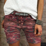 Margovil Elastic Waist Buttons Skinny Camo Shorts
