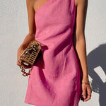 Margovil One Shoulder Sleeveless Cotton Linen Mini Dress