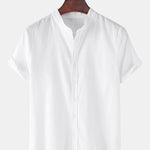 Linen Look Short Sleeve Stand Collar Shirt & Linen Cotton Blend Cropped Pants