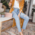 Margovil Stylish Lapel Open Front Long Sleeve Velvet Coat