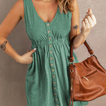 V Neck Button Down Sleeveless Waisted Dress
