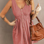 Margovil V Neck Button Down Sleeveless Waisted Dress