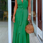 Margovil Buttons V Neck Sleeveless Tie Waist Maxi Swing Dress