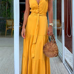 Margovil Buttons V Neck Sleeveless Tie Waist Maxi Swing Dress
