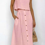Margovil Sleeveless Crop Top and Button Down Skirt Cotton Linen Two Pieces