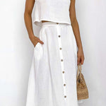 Margovil Sleeveless Crop Top and Button Down Skirt Cotton Linen Two Pieces