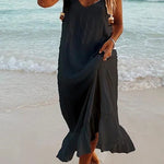 Margovil V Neck Ruffle Solid Cami Beach Dress