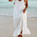 Margovil V Neck Ruffle Solid Cami Beach Dress