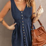 Margovil V Neck Button Down Sleeveless Waisted Dress