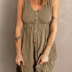 V Neck Button Down Sleeveless Waisted Dress