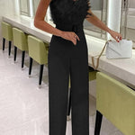 Margovil Off Shoulder Feather Splice Belted Jumpsuit