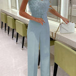 Margovil Off Shoulder Feather Splice Belted Jumpsuit